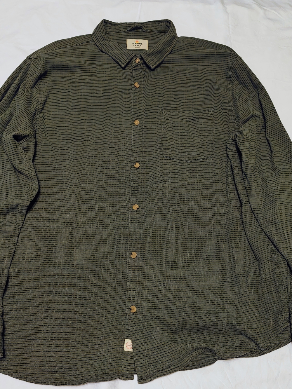 Marine Layer Olive Green Striped Long-Sleeve Button-Up Shirt - L